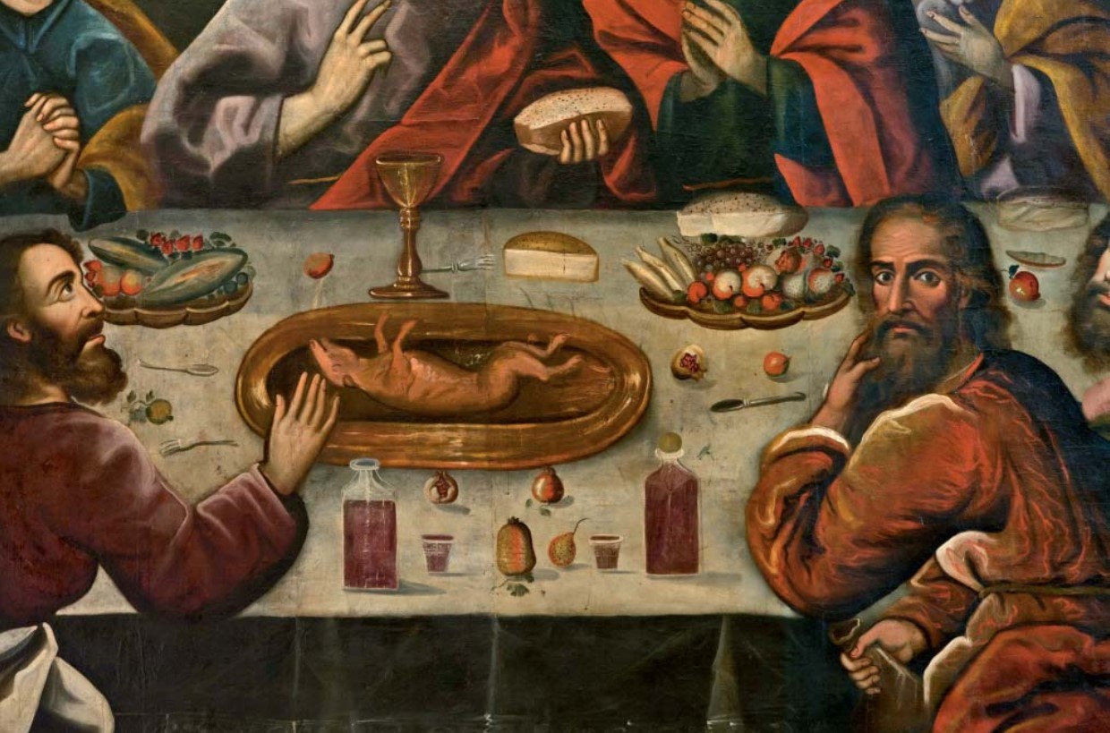 La ultima cena de Jesucristo y sus apostoles, con su plato principal el cuy