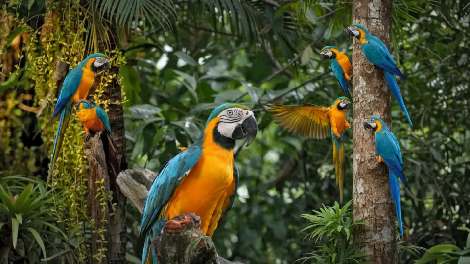 blue and yellow macaw, animals, Peruvian jungle