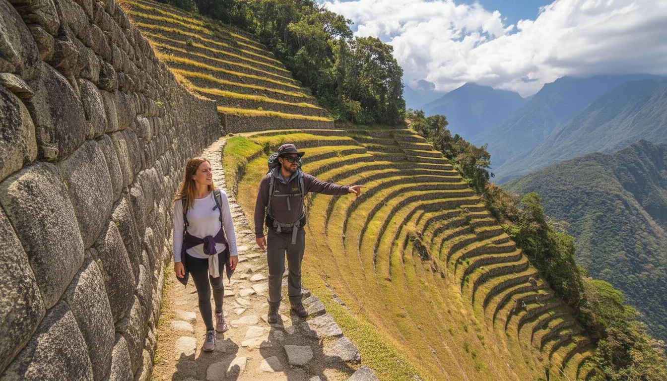 Tourists hiking the 2 day short Inca Trail