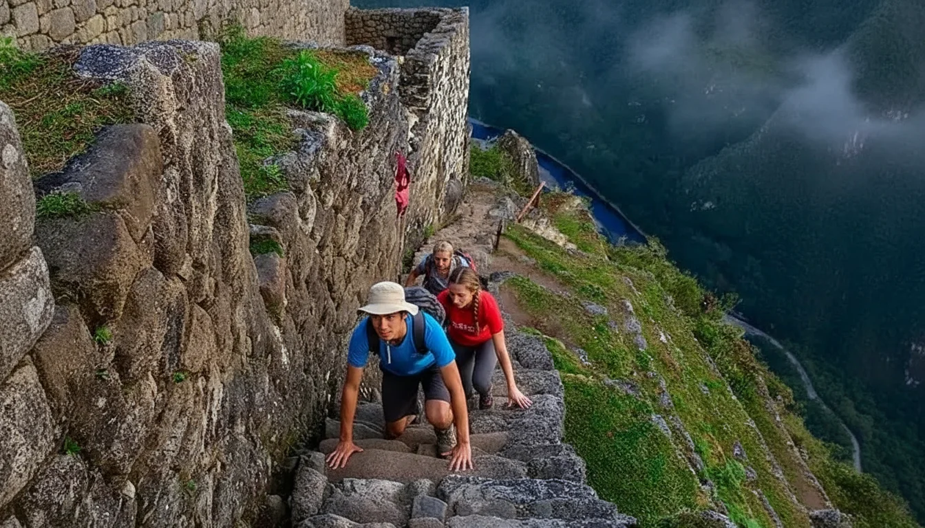 tourists climbing Huayna Picchu Mountain