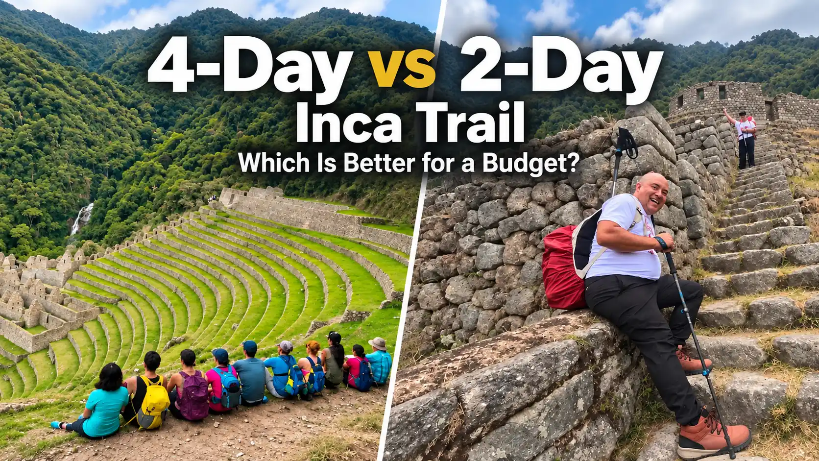 Comparison of 4-day vs 2-day Inca Trail tours showing Machu Picchu hiking experiences for budget travelers