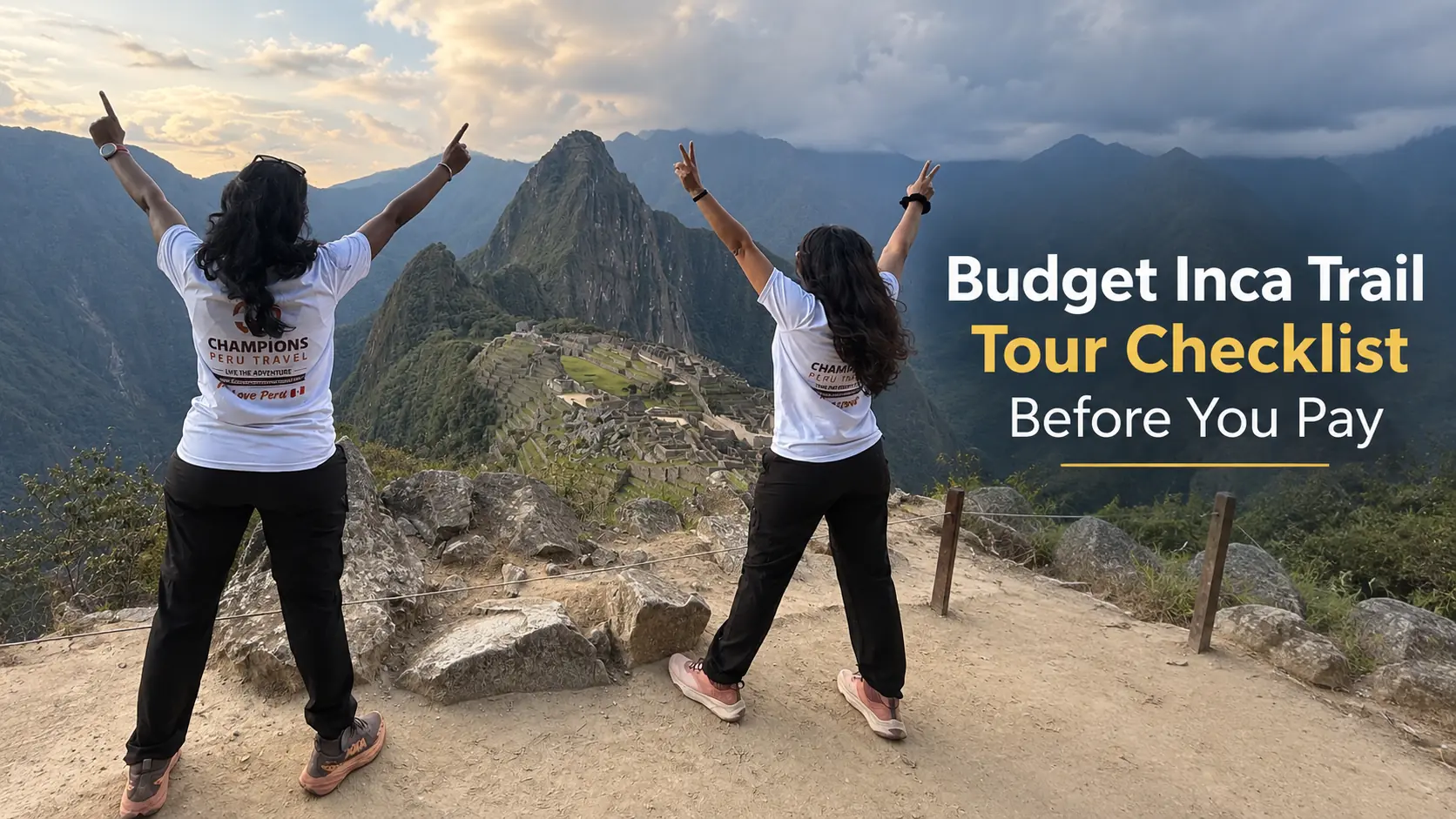 Travelers preparing for a budget-friendly Inca Trail tour near the train station in Peru with mountain scenery