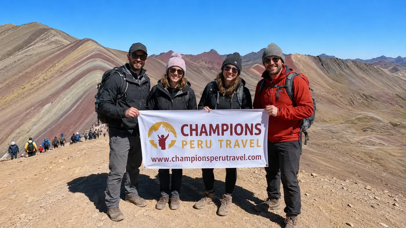 Travelers holding a Champions Peru Travel banner at Rainbow Mountain in Cusco, Peru