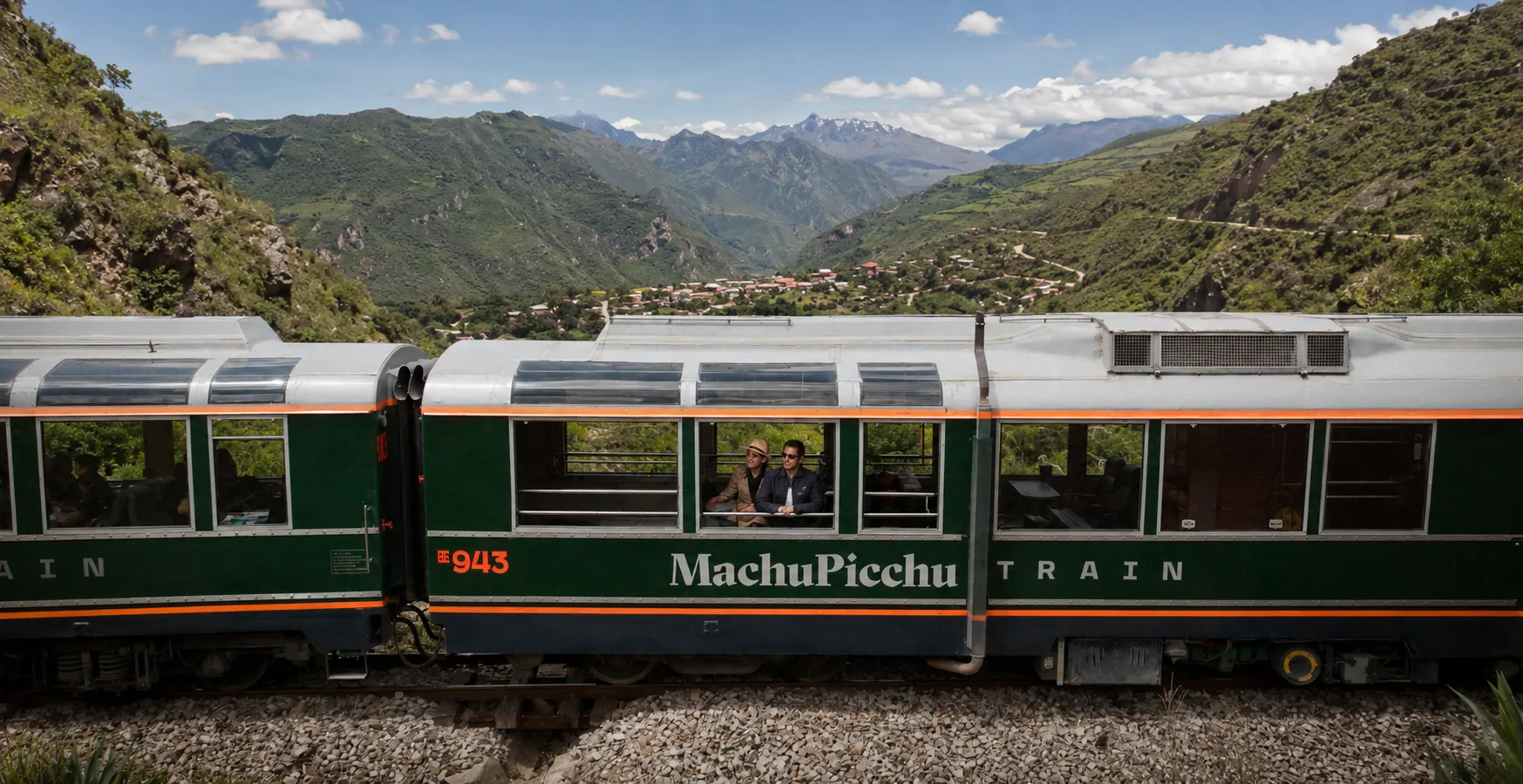 Travelers preparing to board an Inca Rail train at Ollantaytambo Station in Peru