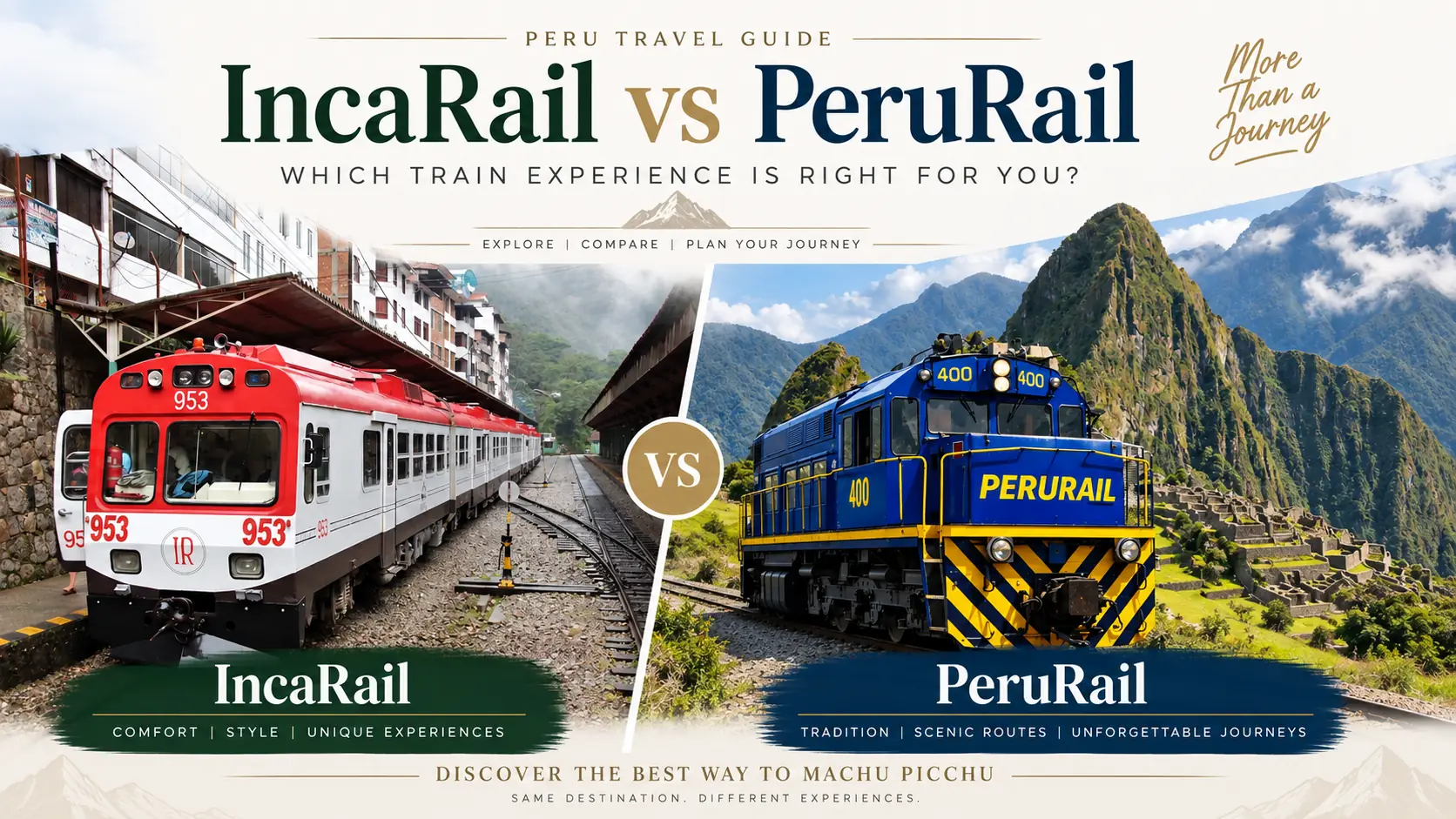 Inca Rail vs PeruRail comparison graphic for travelers planning a Machu Picchu train journey