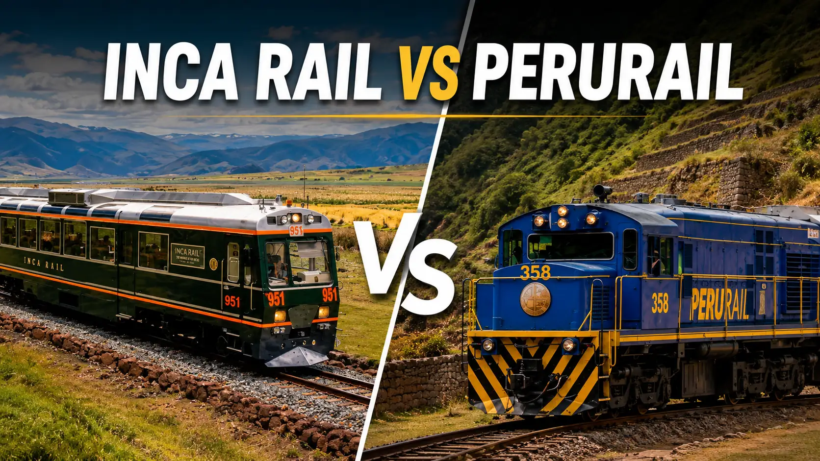 Inca Rail vs PeruRail comparison showing both trains on scenic routes to Machu Picchu