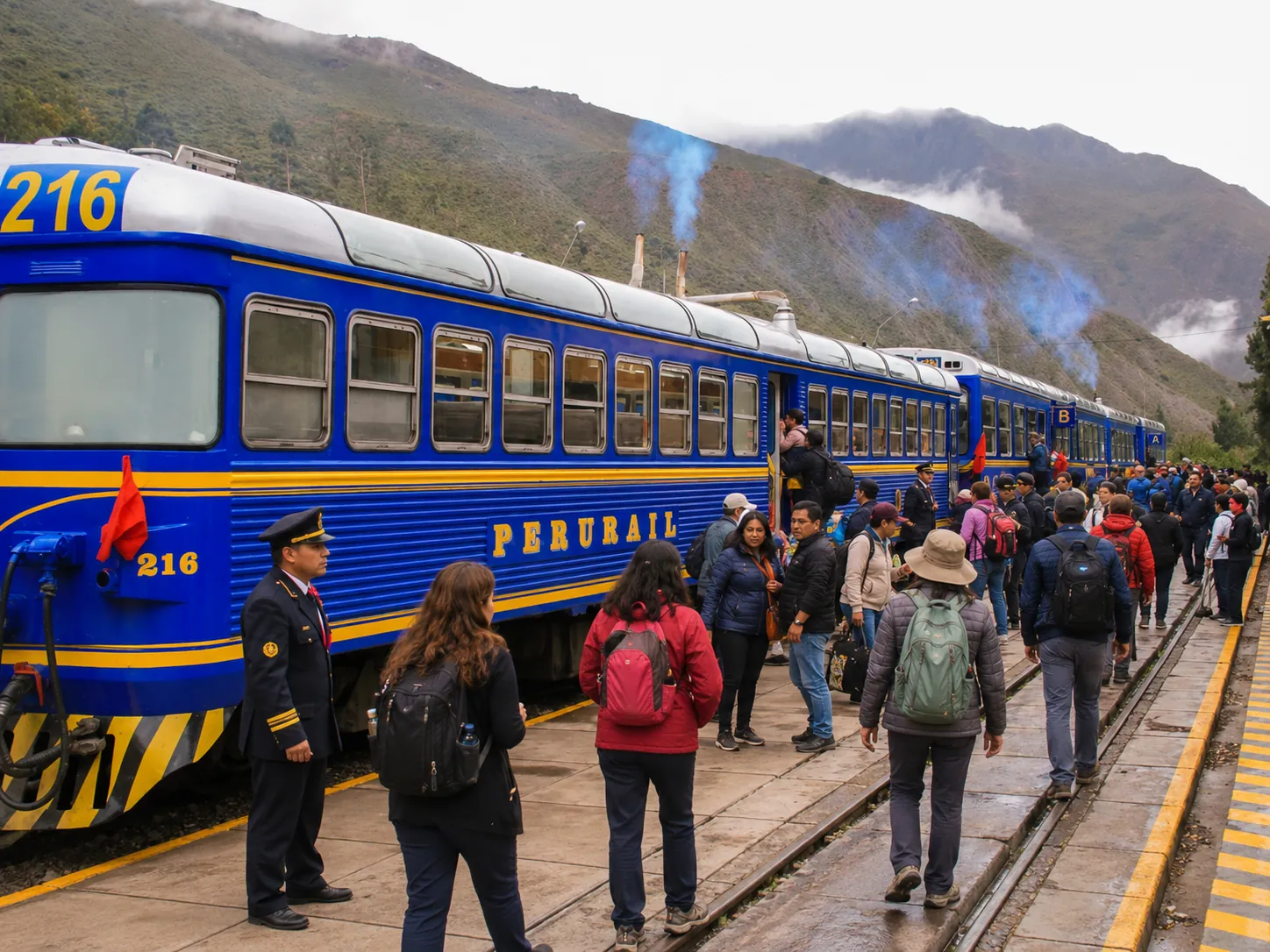 Blue PeruRail train with passengers at a busy railway station in the Peruvian Andes