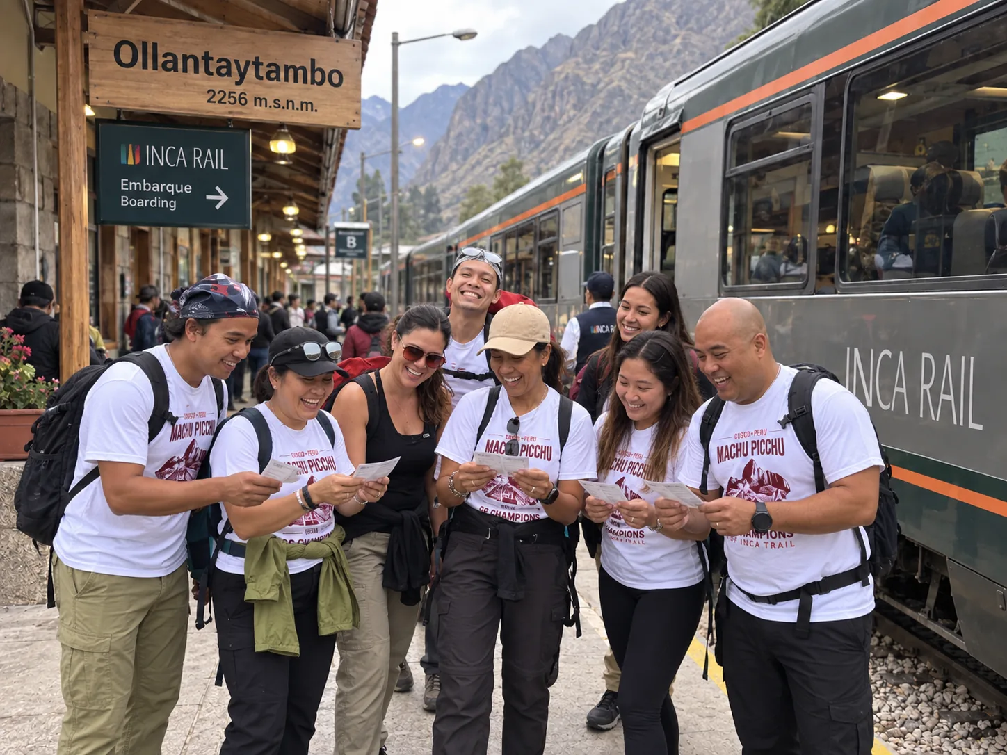 Group of travelers holding train tickets beside an Inca Rail train at Ollantaytambo Station