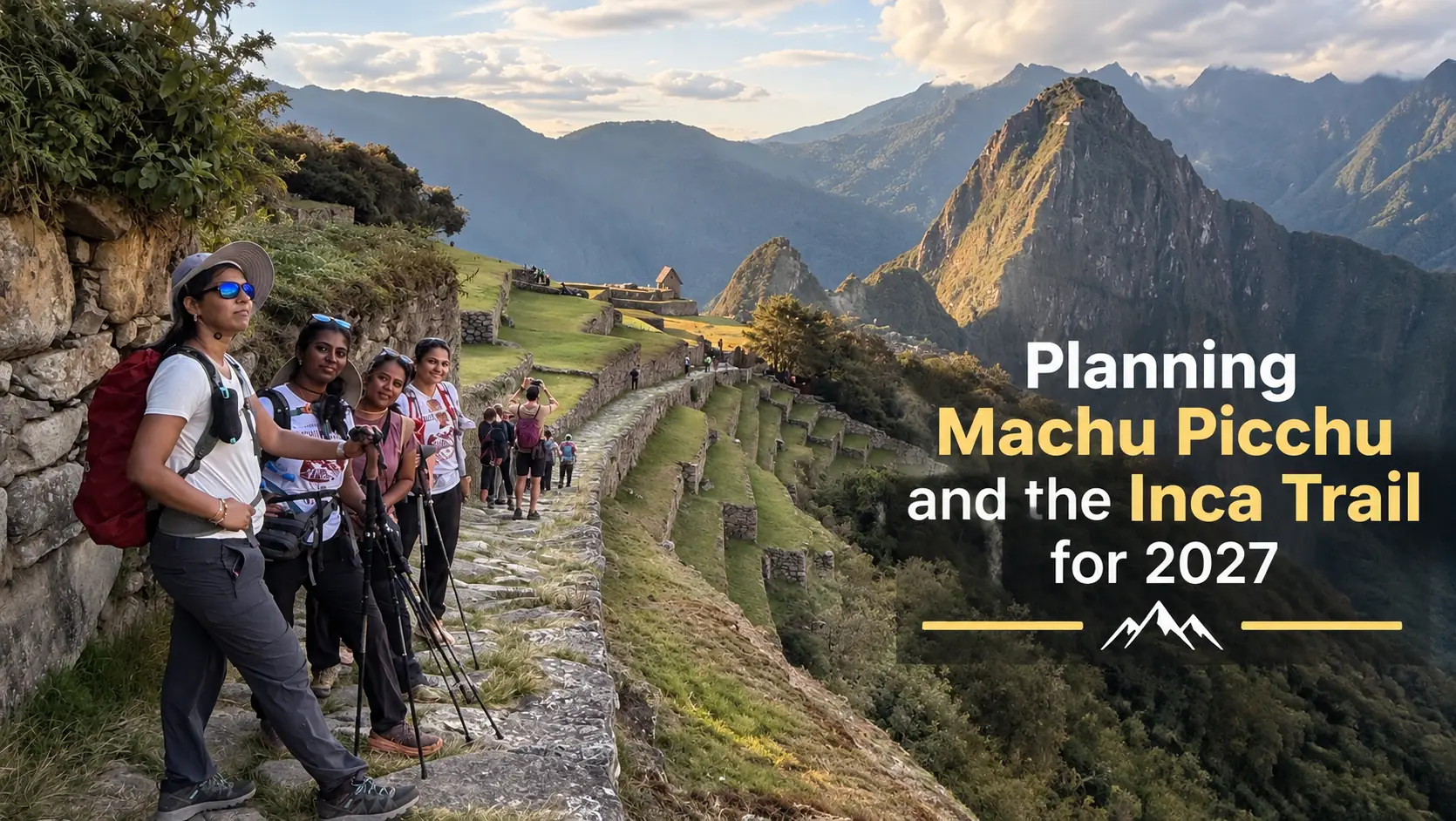 Travelers hiking on the Machu Picchu trail during a guided walking tour in Peru