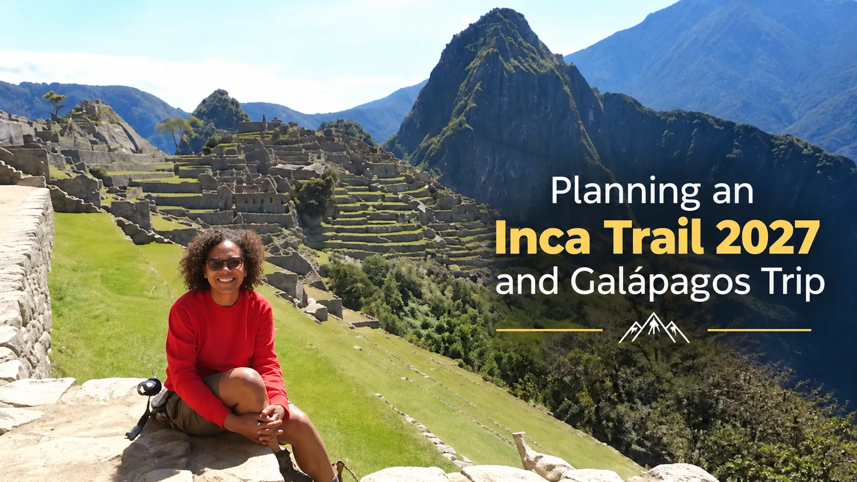 Senior travelers holding a Champions Peru Travel banner at Machu Picchu with Andes mountains behind them