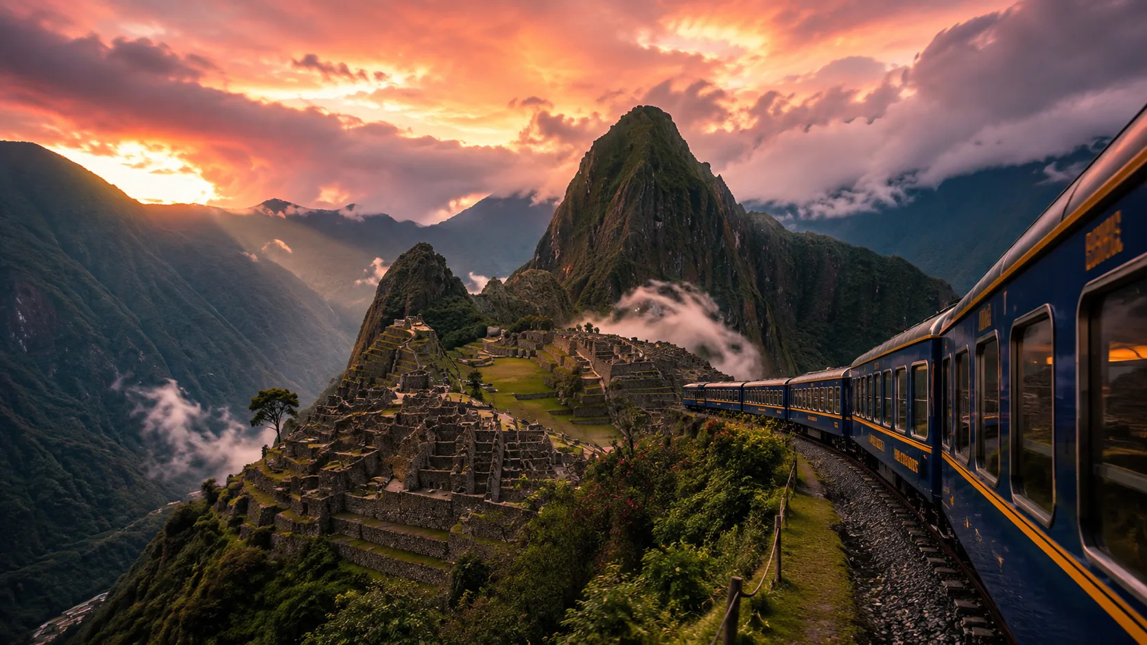 Scenic train traveling beside Machu Picchu at sunset with dramatic Andes mountains and clouds