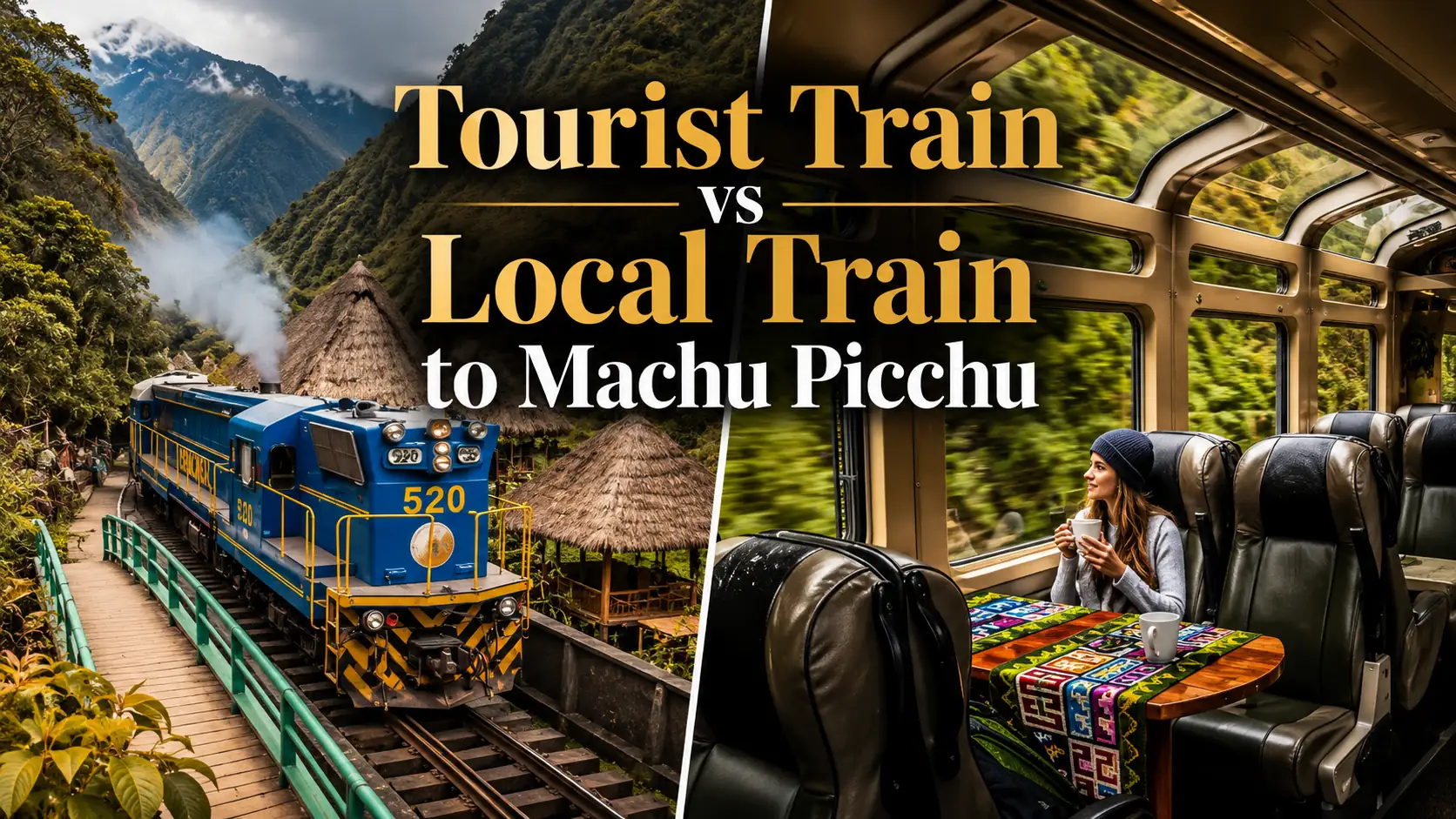 Tourist train vs local train to Machu Picchu comparison with scenic train and interior views