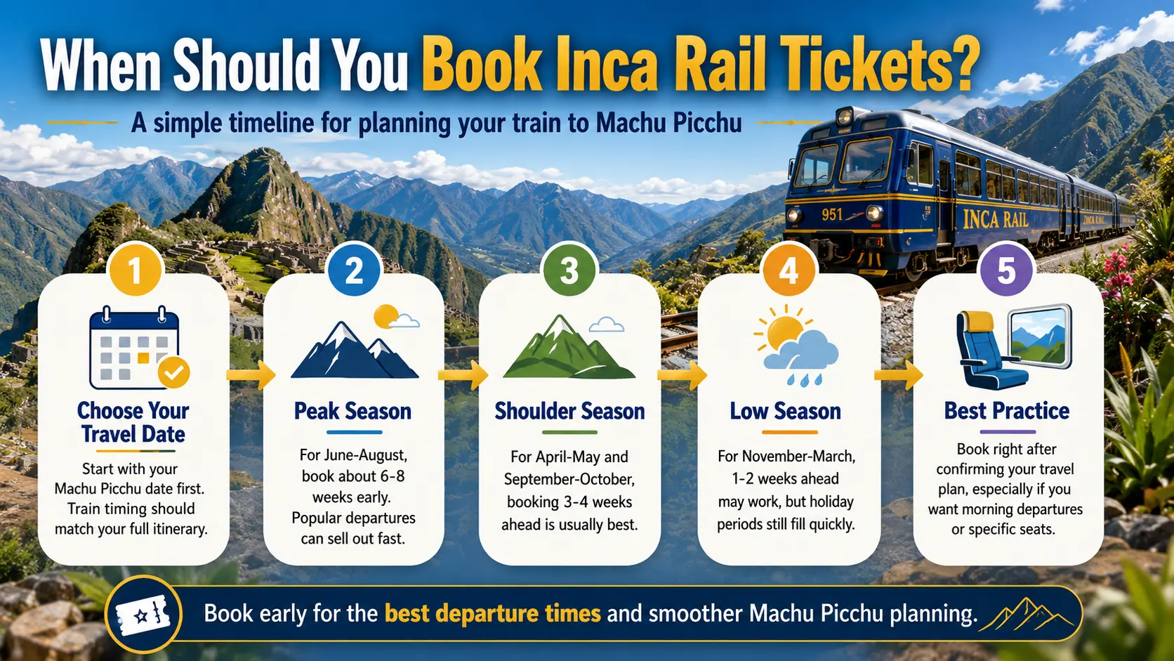 Infographic explaining when to book Inca Rail tickets for a trip to Machu Picchu