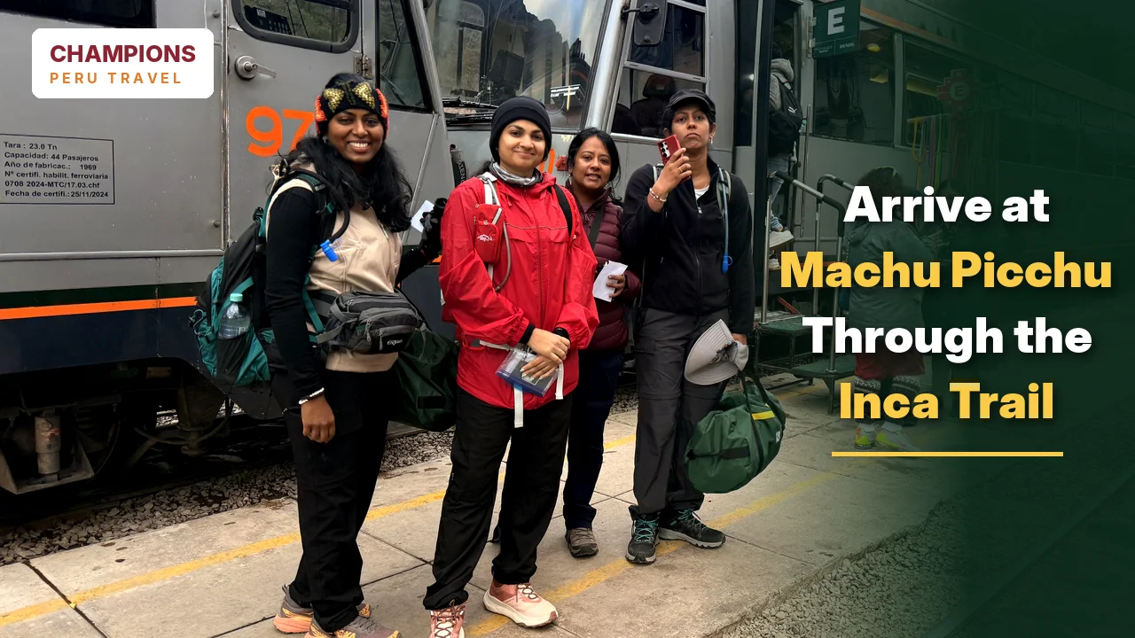 Travelers with backpacks standing beside a train before beginning their Inca Trail adventure to Machu Picchu.