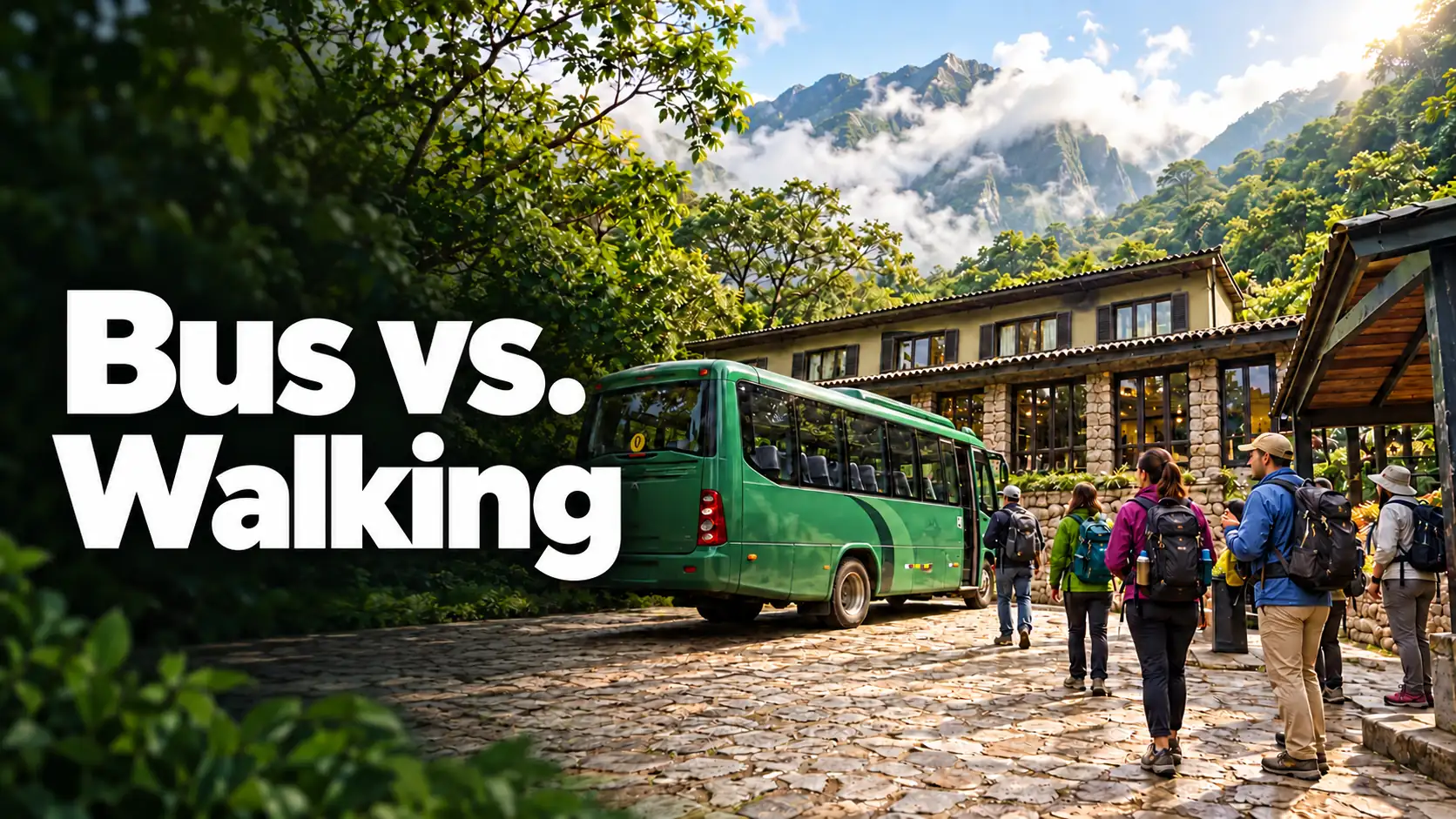 Tourists preparing for a Machu Picchu trip with a bus and walking route through the mountains of Peru.
