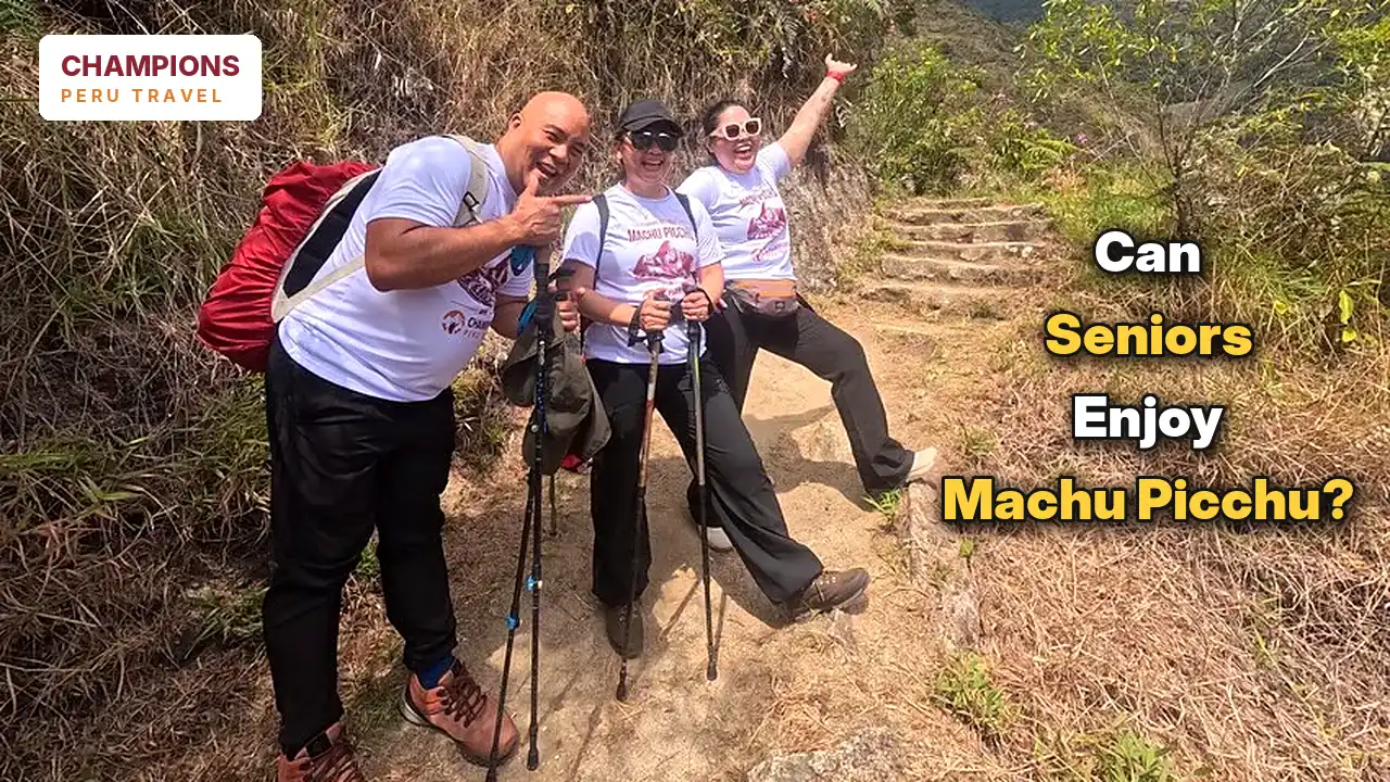 Senior travelers enjoying a guided hiking adventure with trekking poles on a scenic trail in Peru.