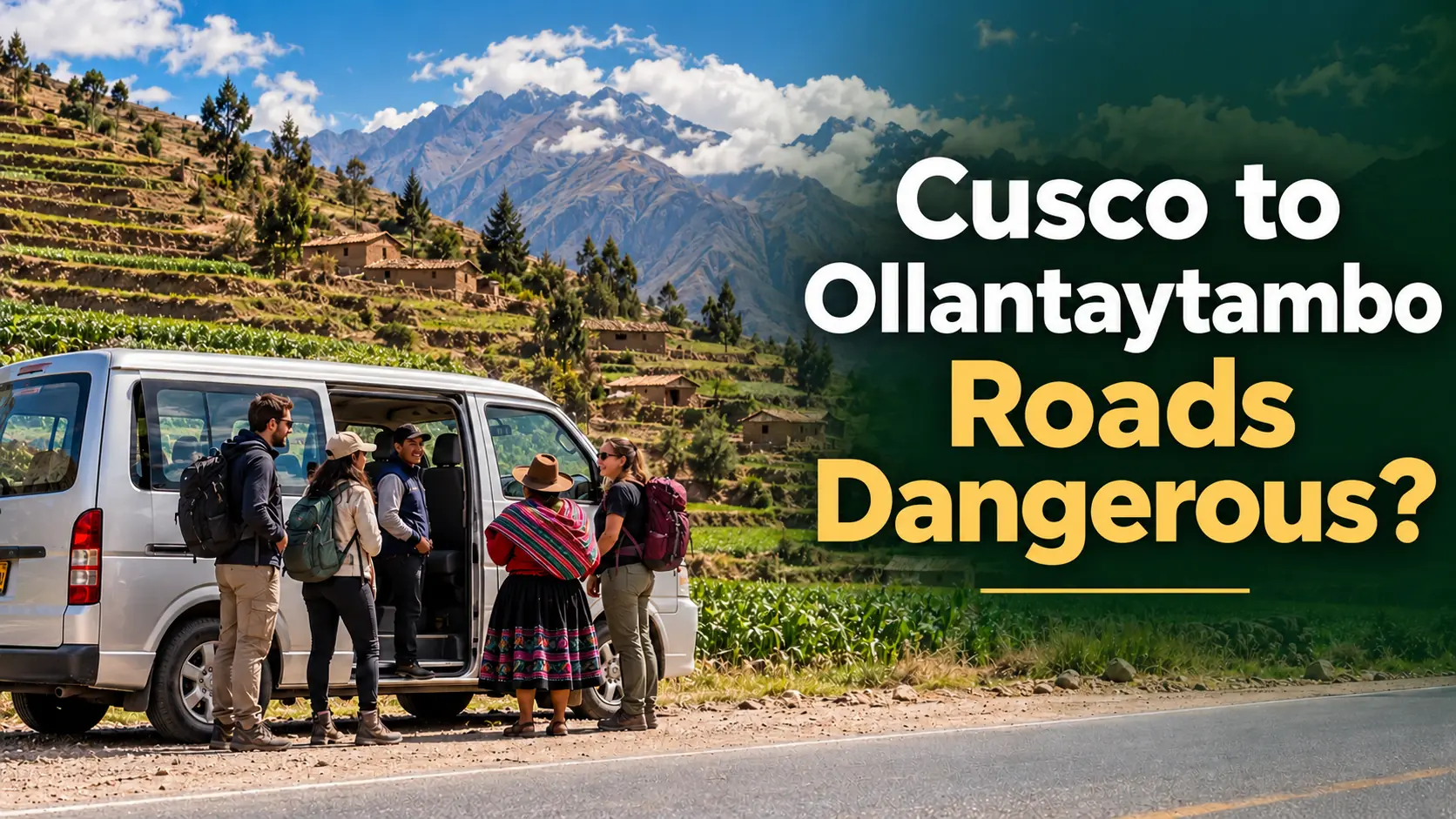 Tourists preparing for a road trip from Cusco to Ollantaytambo in Peru, surrounded by the scenic Andes Mountains.