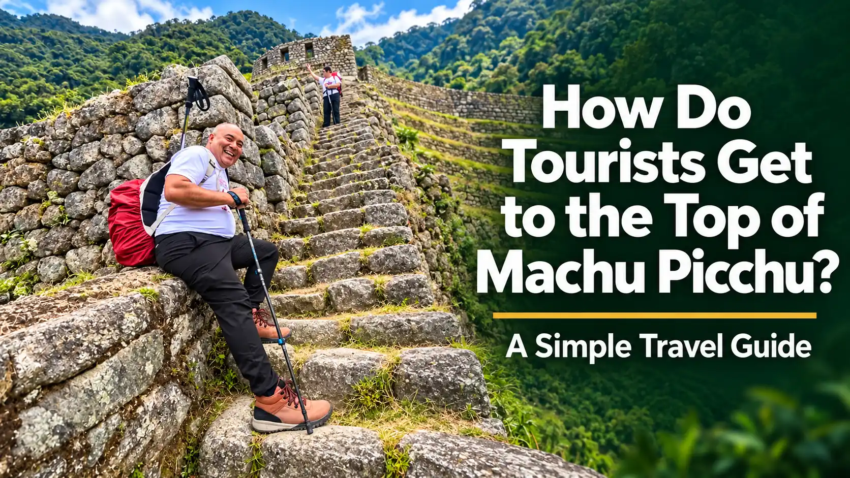 Tourist resting on ancient stone steps while hiking toward the top of Machu Picchu in Peru.