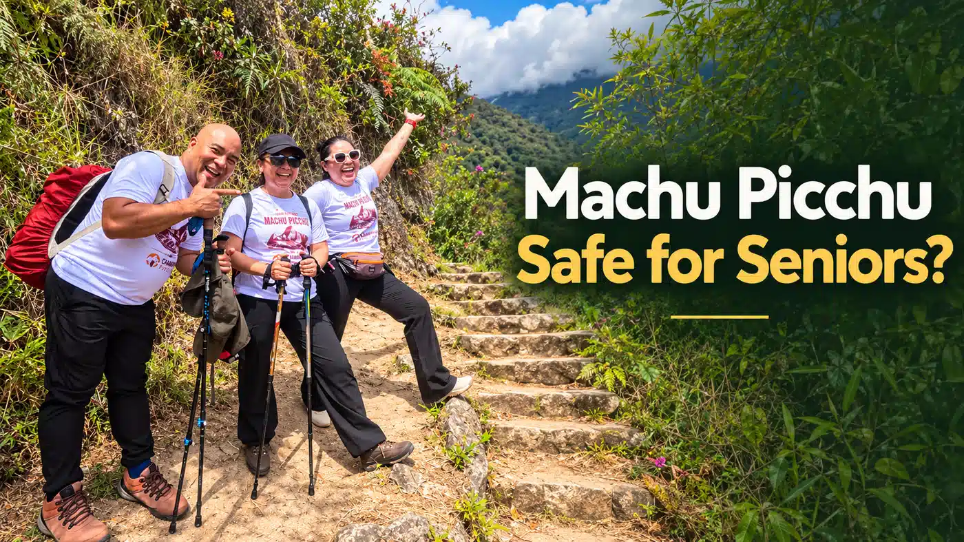 Group of tourists hiking along a stone trail near Machu Picchu with trekking poles and backpacks