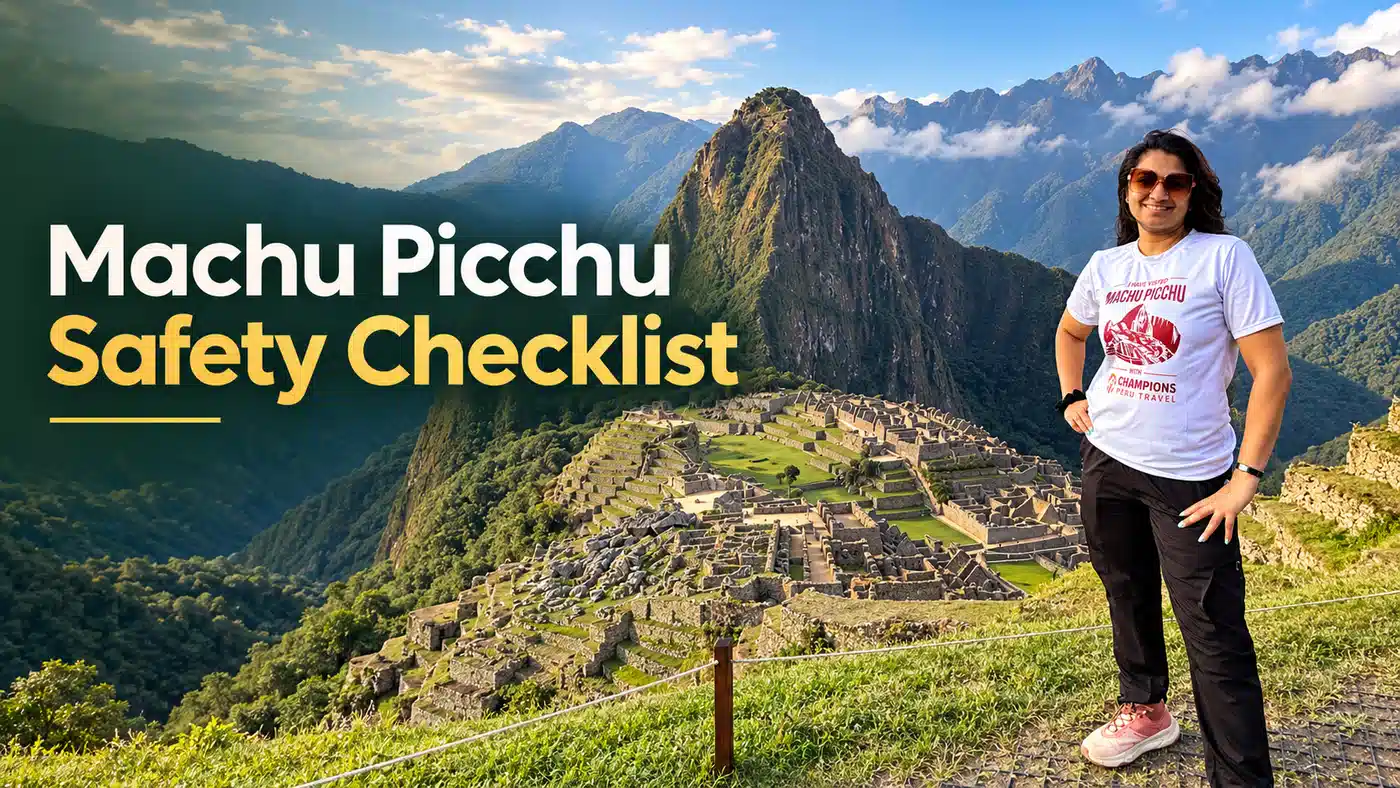 Female tourist standing at a viewpoint overlooking Machu Picchu ruins and surrounding Andes mountains