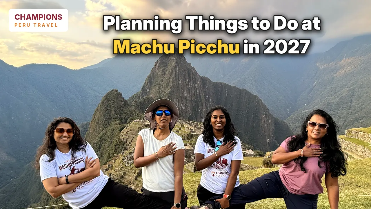 Four tourists posing at Machu Picchu with the historic Inca citadel and mountains in the background during their Peru trip.