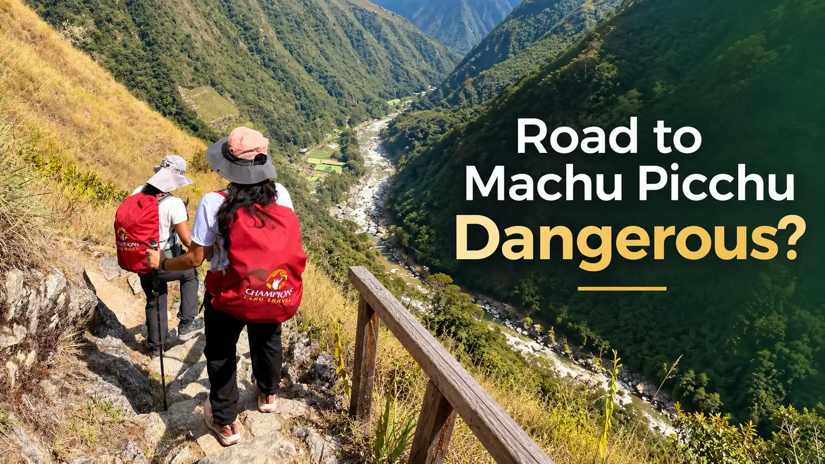 Hikers with backpacks walking along a narrow mountain trail in Peru while following safety tips for traveling to Machu Picchu.
