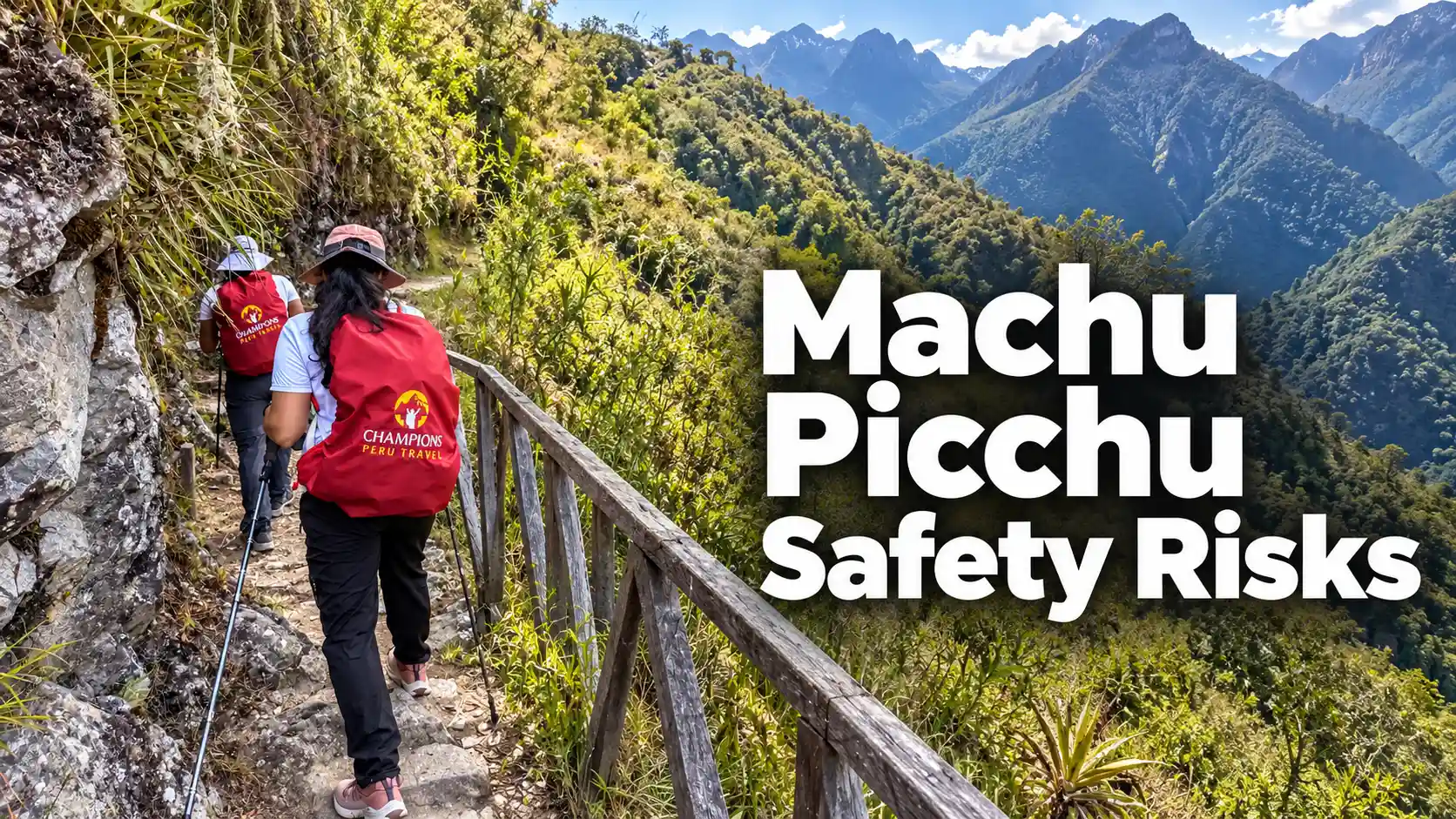 Female tourist standing at a viewpoint overlooking Machu Picchu ruins and surrounding Andes mountains
