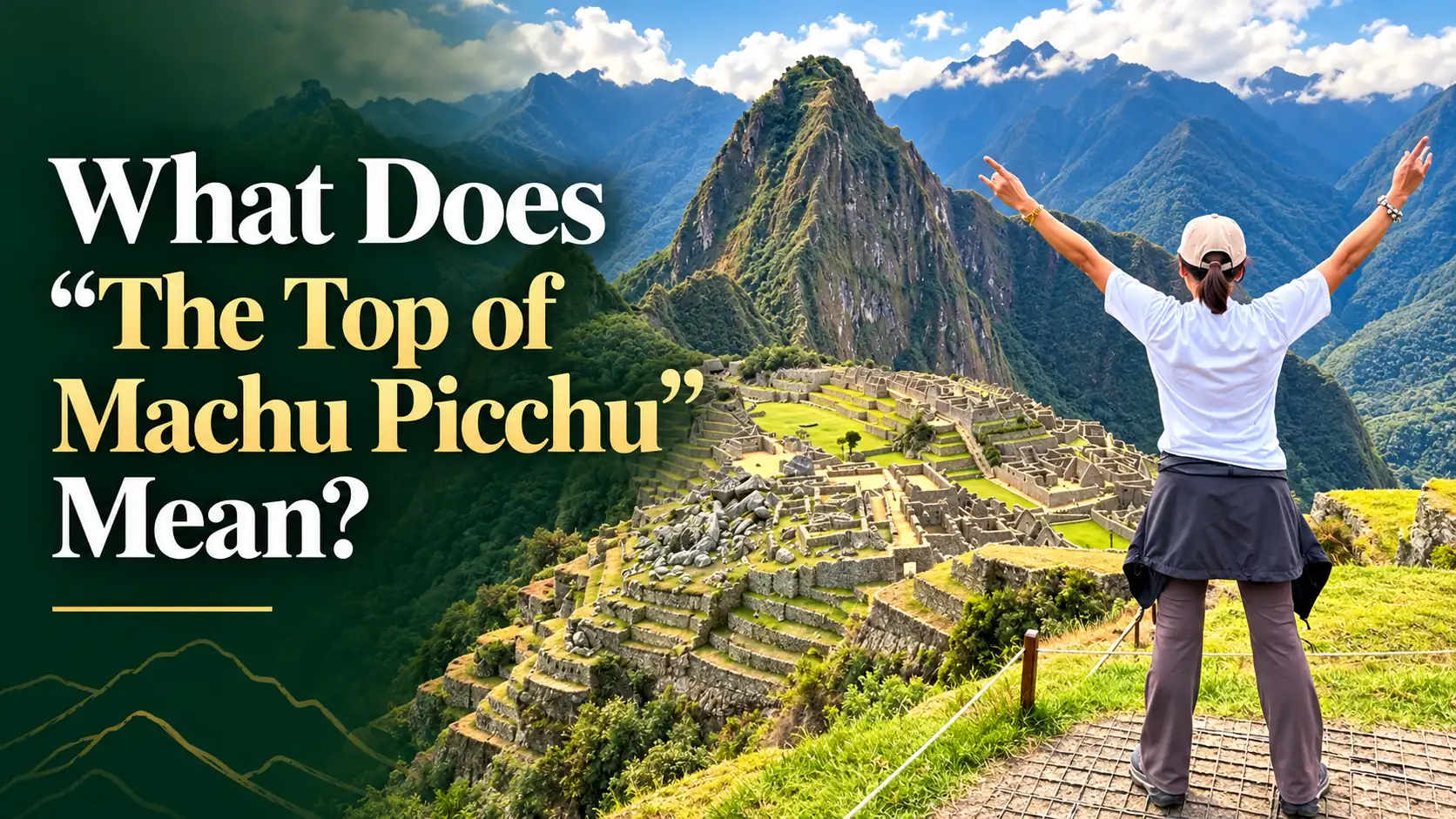 Tourist enjoying a panoramic view of Machu Picchu ruins and the Andes Mountains in Peru.