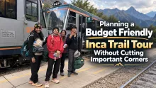 Budget Inca Trail tour checklist showing travelers enjoying the Machu Picchu mountain view during a Peru hiking adventure