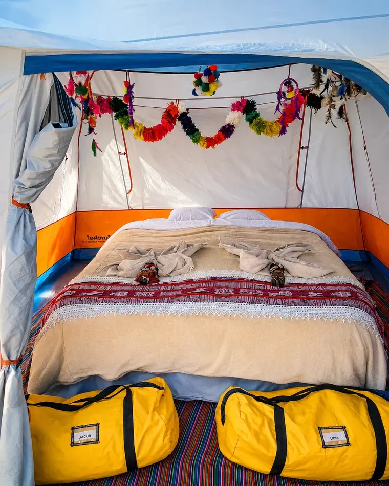 Luxury sleeping tent with a comfortable bed on the 4 Day Inca Trail Trek